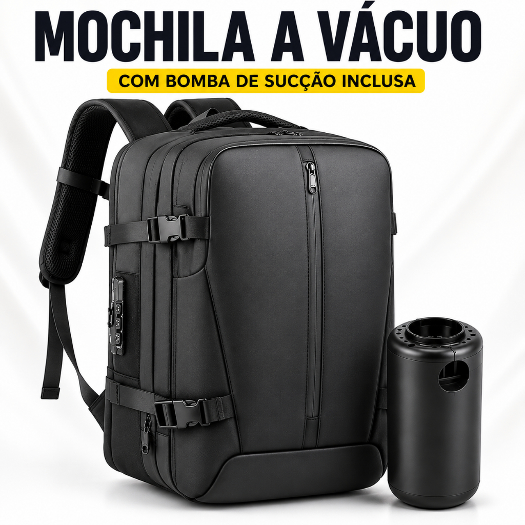 Mochila A Vácuo 40L Com Bomba De Sucção Viagem Bordo Notebook Expansível Preta