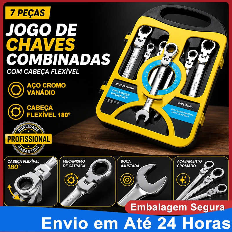 Kit 7 Peças Chave Ferramenta Combinada Catraca Boca Profissional Peças 08 A 19mm