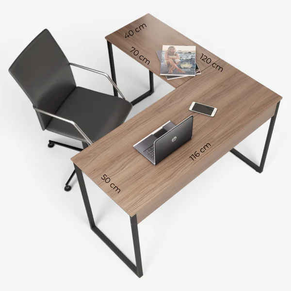 Mesa Escrivaninha "L" 120 cm MDF Industrial Pés Metal Preto Quarto Escritório Home Computador Canto