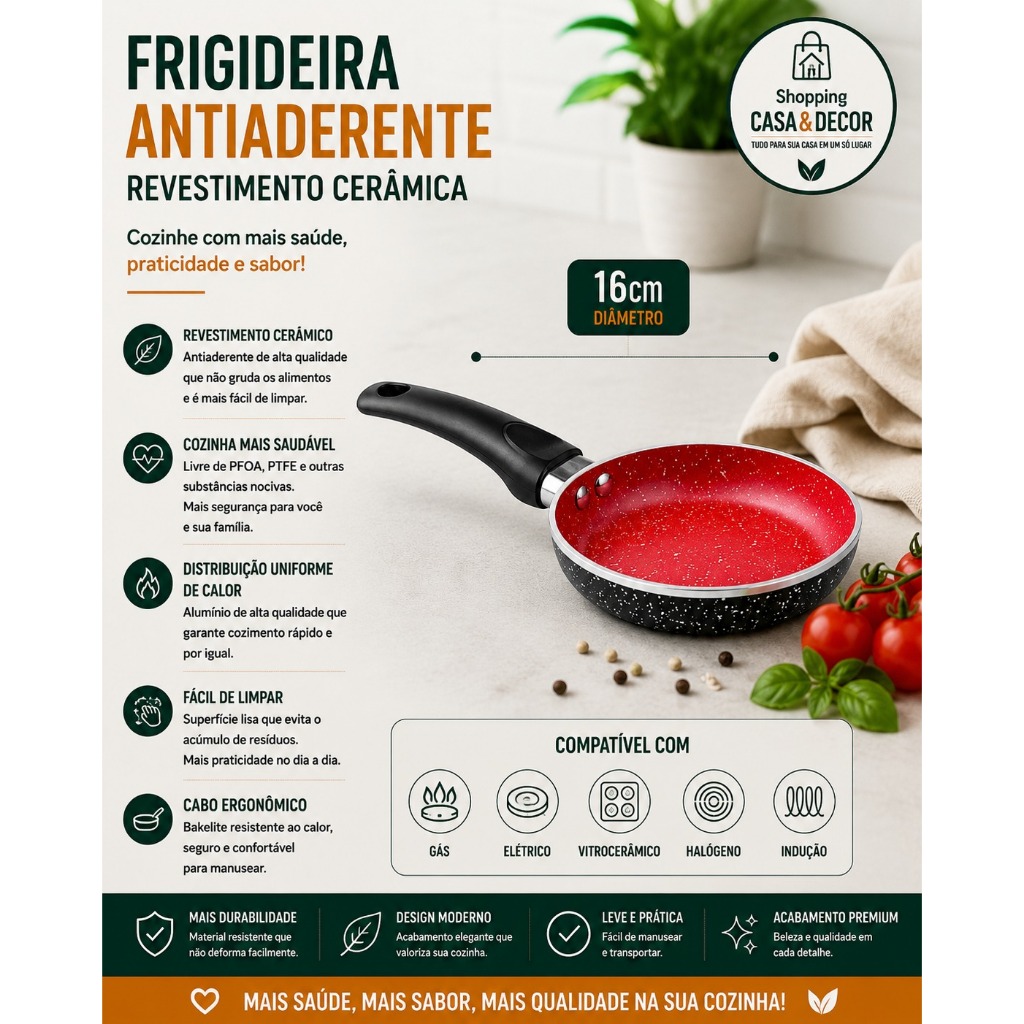 Frigideira Antiaderente Sem Óleo Não Agarra Ovo Tapioca Yakisoba Revestimento Cerâmica 16 22 26 28cm
