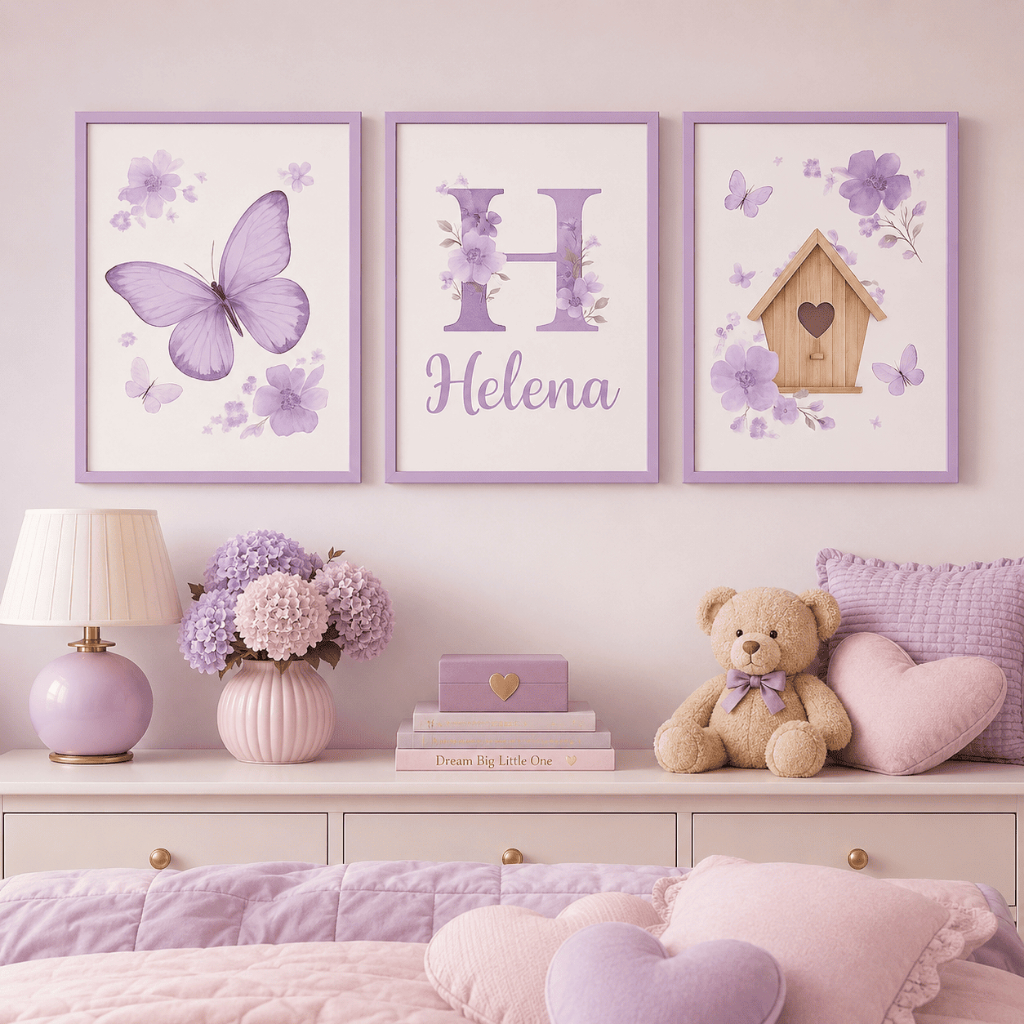 Quadro decorativo 3 peças Personalizado com nome Borboletinha Lilás quartinho de menina