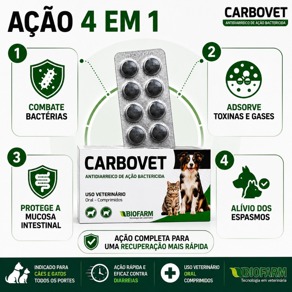 Detalhes do Antidiarreico Cães Gatos Carbovet Biofarm Combate Bactérias Toxinas Intestinais 10 Comprimidos