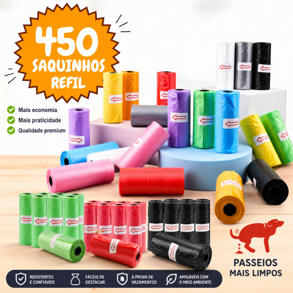 Kit 450 Saquinhos Refil Cata Caca Higiênico Pet 30 rolinhos