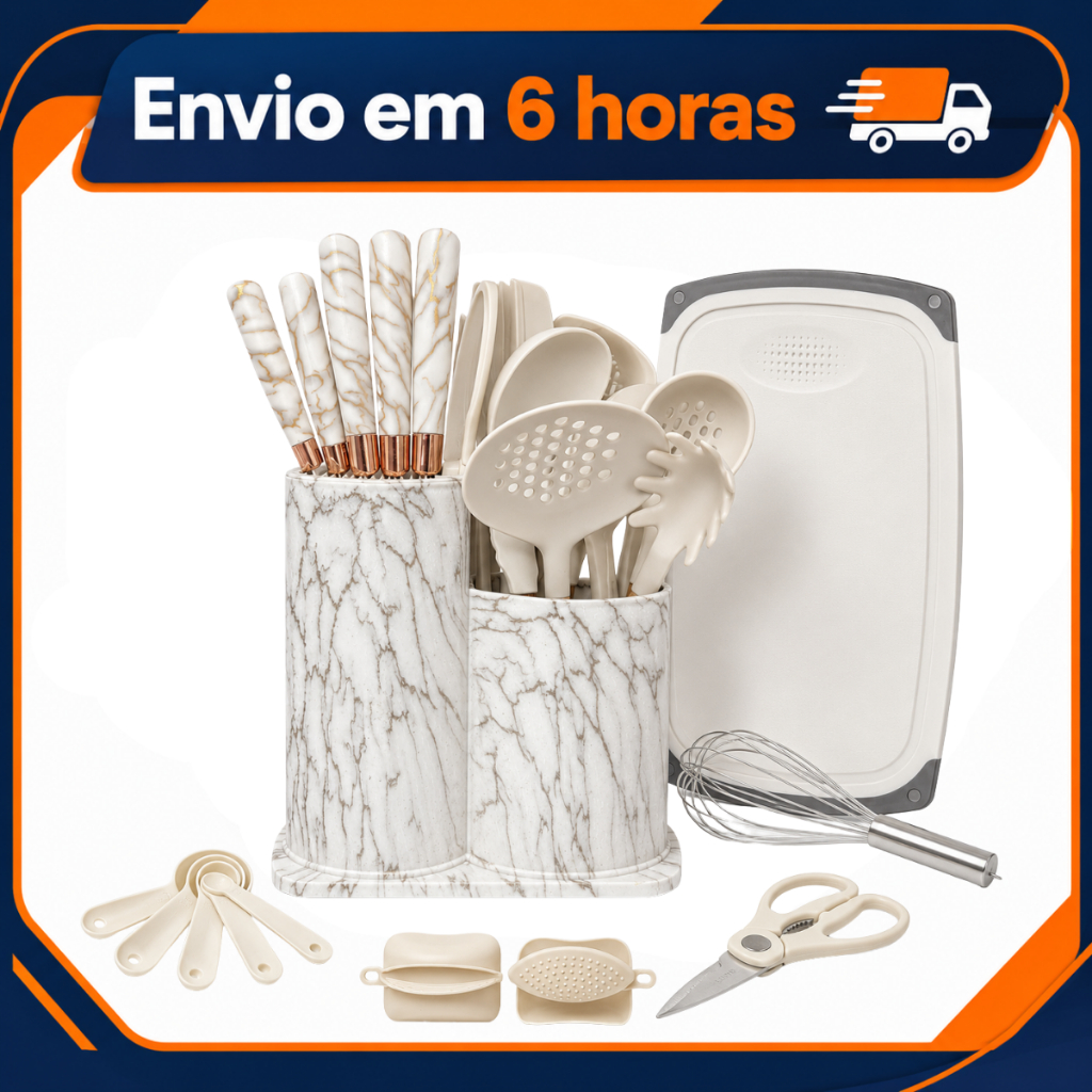 Kit Utensílios Cozinha 21 Peças Silicone Facas Tábua Suporte