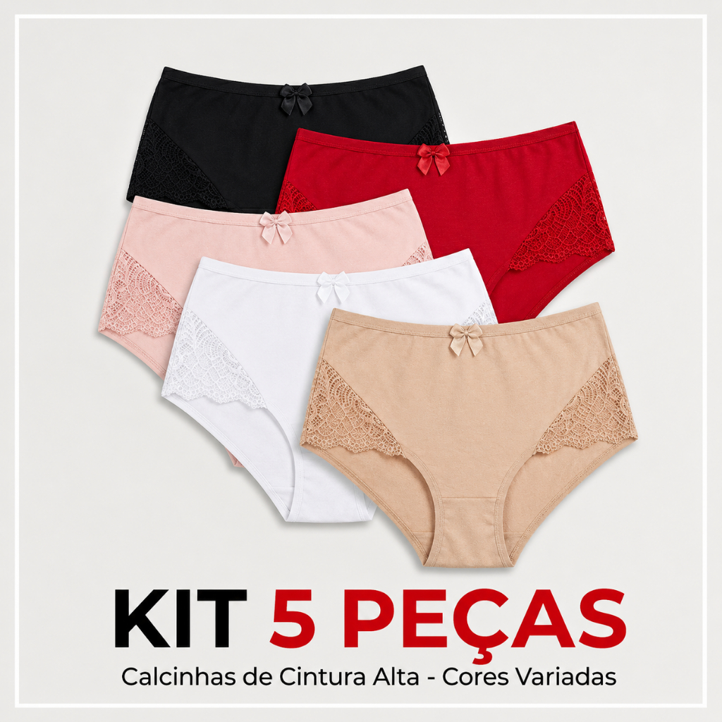 Kit 5 Calcinhas Calçola Cós Alto Plus Size Microfibra Detalhes em Renda Revenda