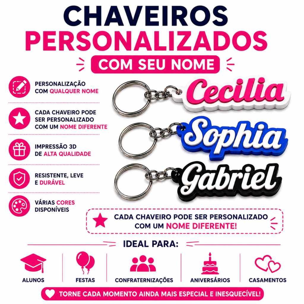 Chaveiro Personalizado Nome 3D PLA Colorido Presente Lembrancinha Criativa Personalizada Festa Escola Casamento