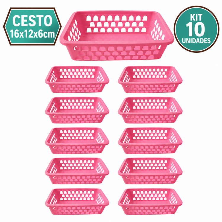 Kit 10 Cesto Organizador Multiuso Rosa Gaveta Banheiro Maquiagem 16x12x6cm Modular Plastico