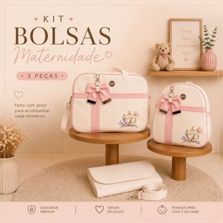 Bolsa Maternidade Luxo Kit 3 Peças Bordado Impermeável Safari para Enxoval Bebê