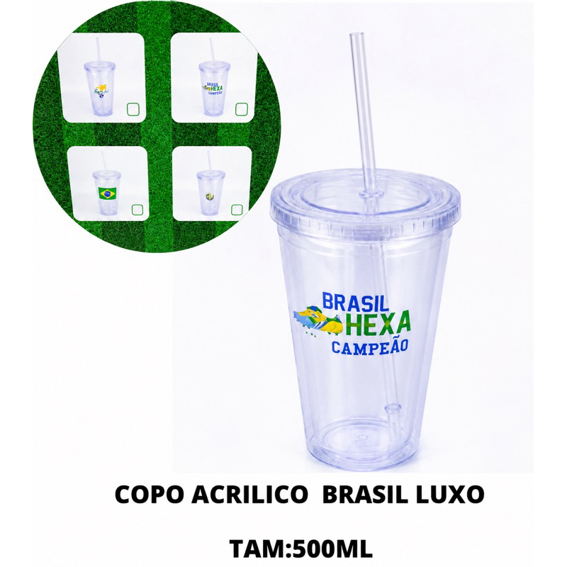 Copo Acrílico Do Brasil Com Tampa E Canudo | 500ml | Copa Do Mundo, Seleção Brasileira, Brasil, Futebol, Jogos