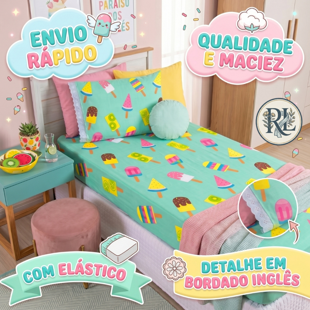 Kit Jogo Lençol de Cama Solteiro 2 Peças Com Elástico Tema Infantil