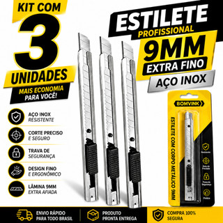 Kit 3 Estilete Profissional 9mm Aço Inox Reforçado Cortador Caixa Papelão Precisão Segurança Oferta