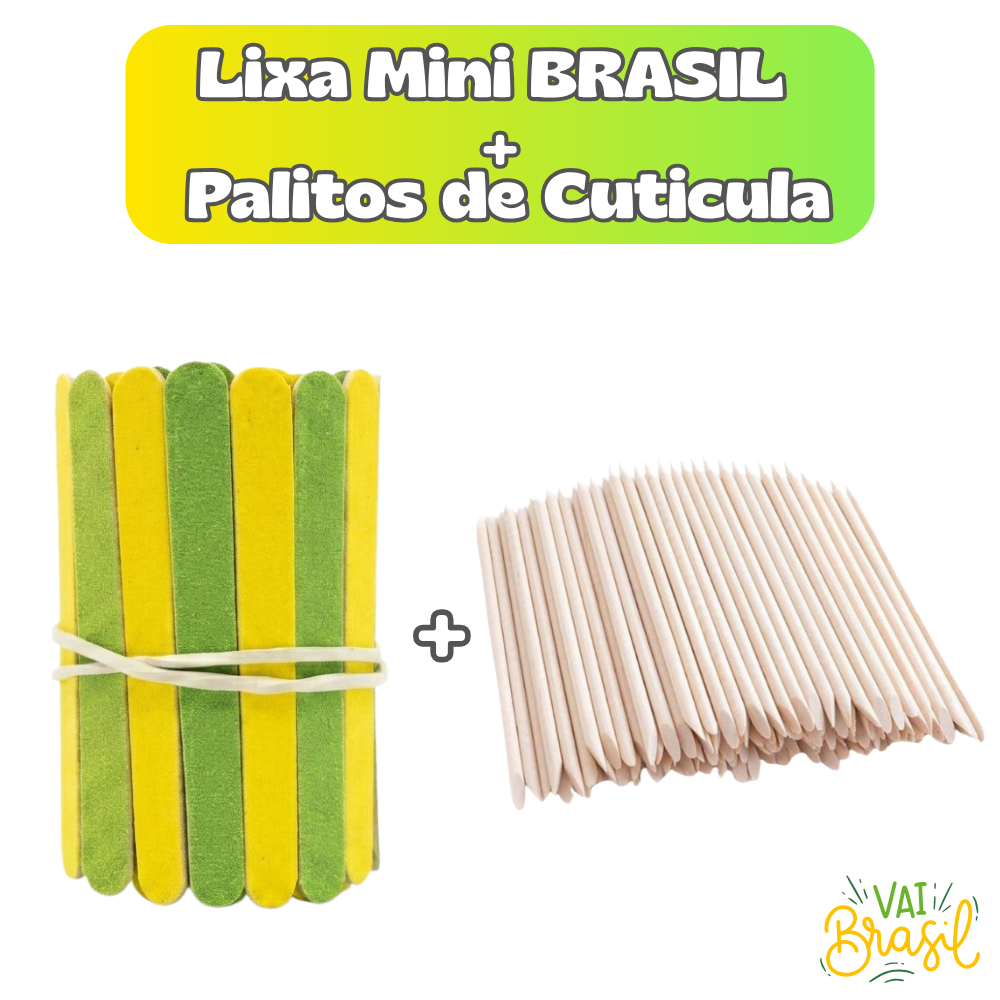 Mini Lixa BRASIL 8cm + Palitos para Cutícula Profissional Seleção Brasileira
