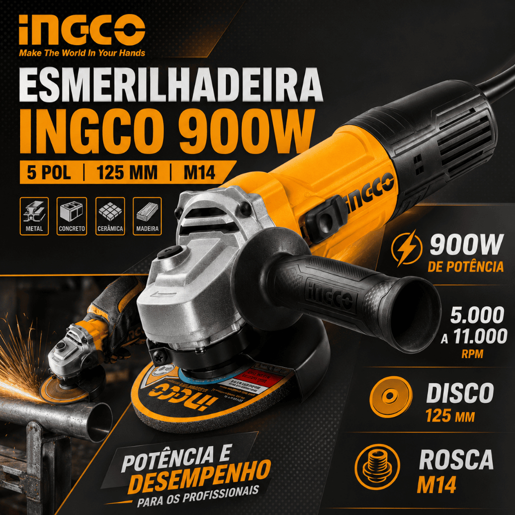 Esmerilhadeira Angular INGCO 900W 5 Pol 125mm M14 Velocidade Variável para Corte Desbaste Lixamento