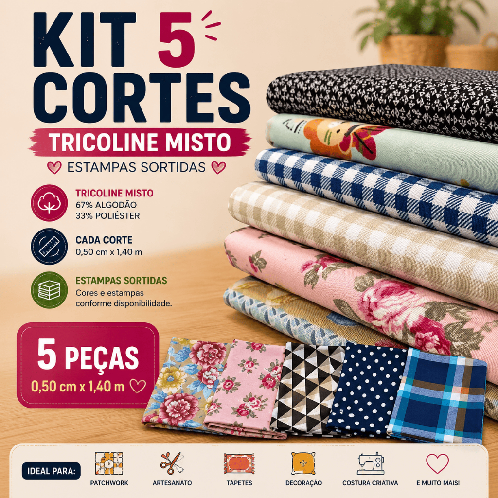 Kit 5 Cortes Tricoline misto | Estampas Sortidas para Patchwork, Artesanato e Decoração ✨