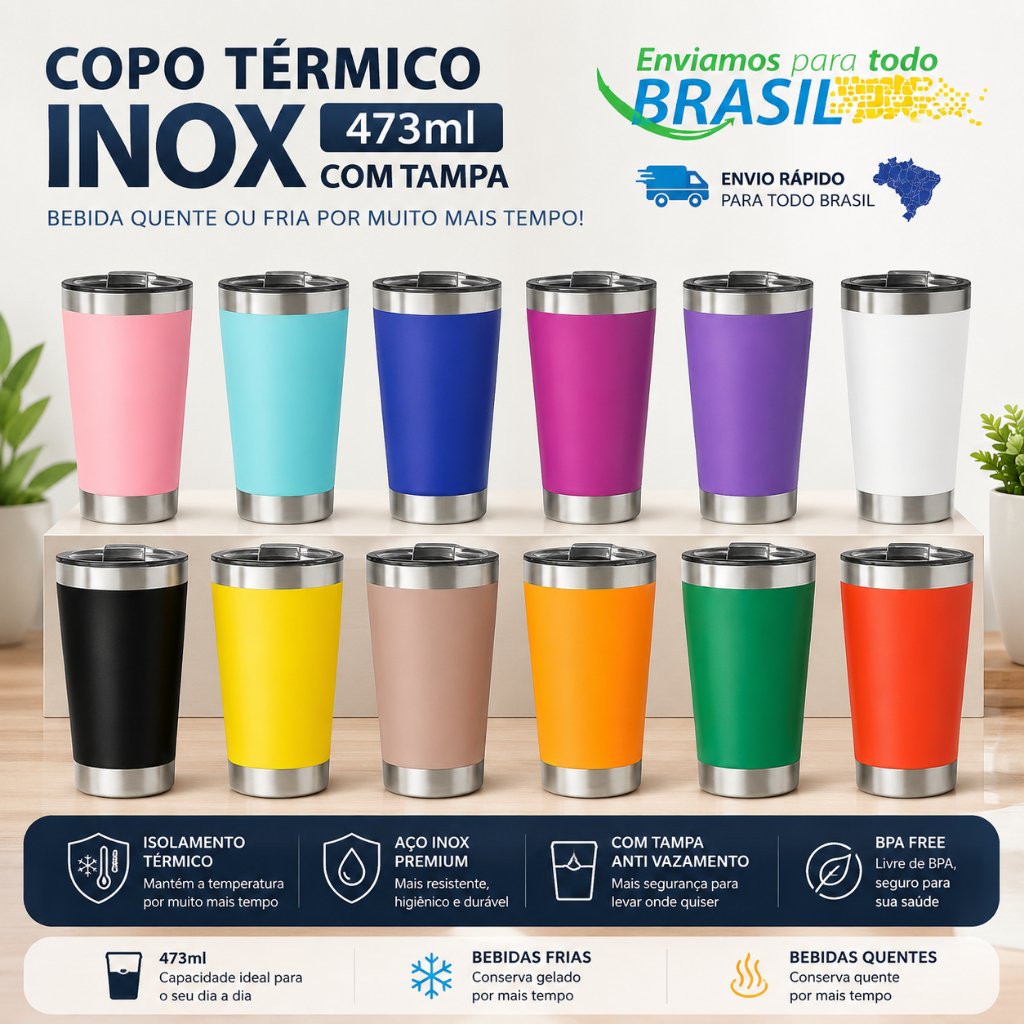 Copo Térmico Inox 473ml Com Tampa Abridor Conserva Bebida Gelada e Quente