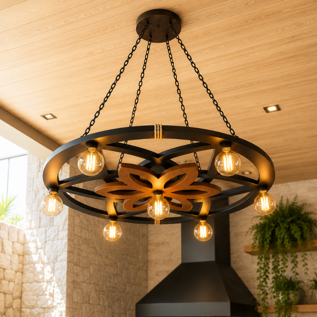 Imagem Luminária Pendente Lustre Rustico Rustica Madeira Roda Flor Mandala Decoração Corda Sisal Estilo Caibro Carroça