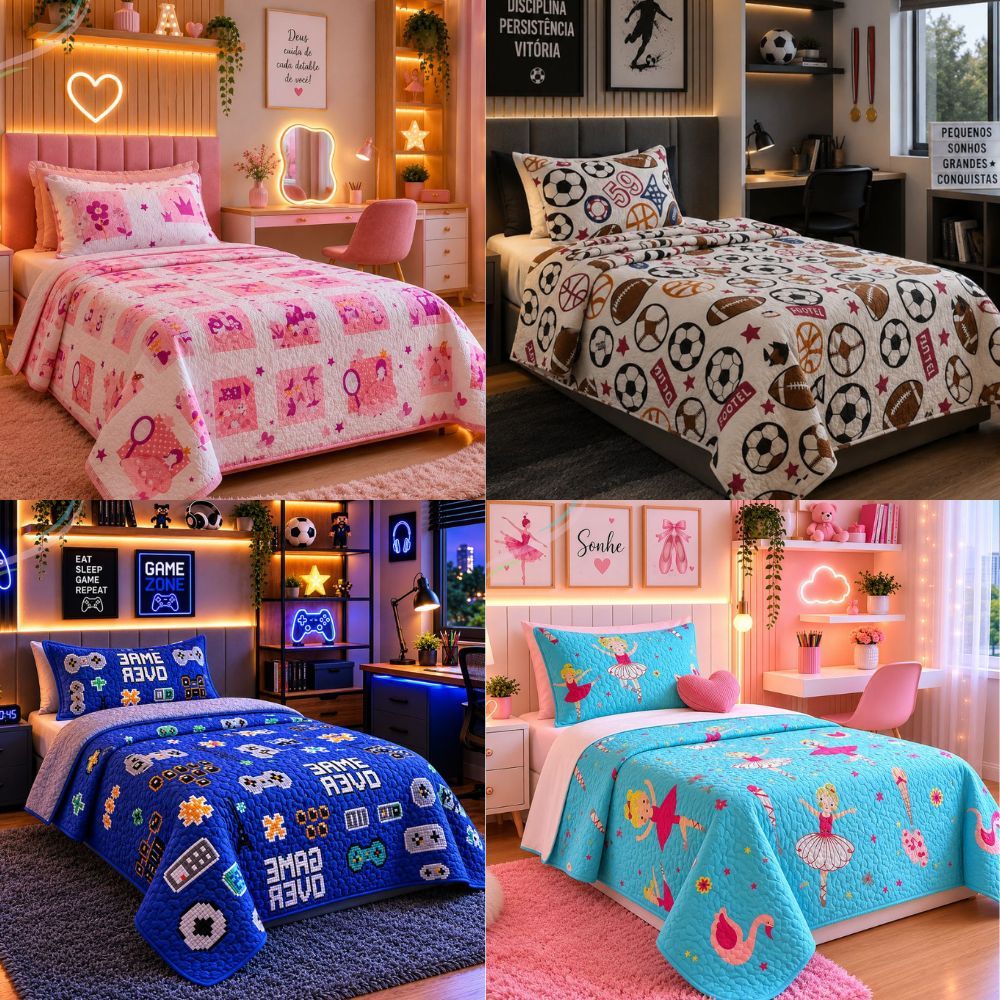 Colcha cobre Leito infantil com Porta Travesseiro Tecido Matelado Estampado de Luxo para Quarto Infantil Menino e Menina
