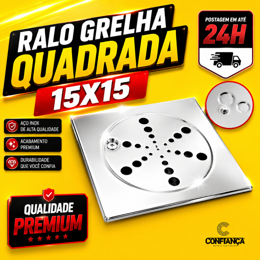 Ralo Grelha Tampa 15x15 Quadrada Aço Inox para Banheiro Lavabo Área Externa S/ Caixilho