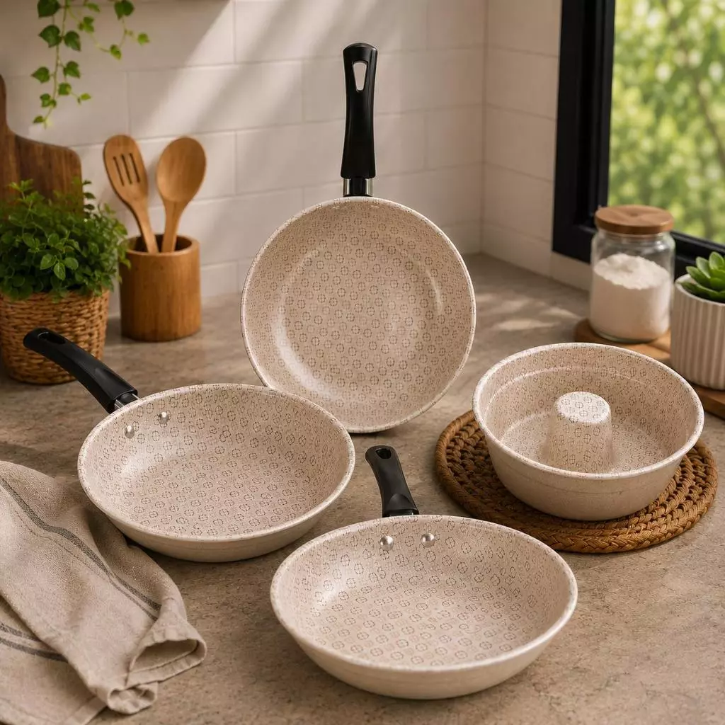 Conjunto Frigideiras Antiaderente ou Forma de Bolo Teflon Creme — imagem 1