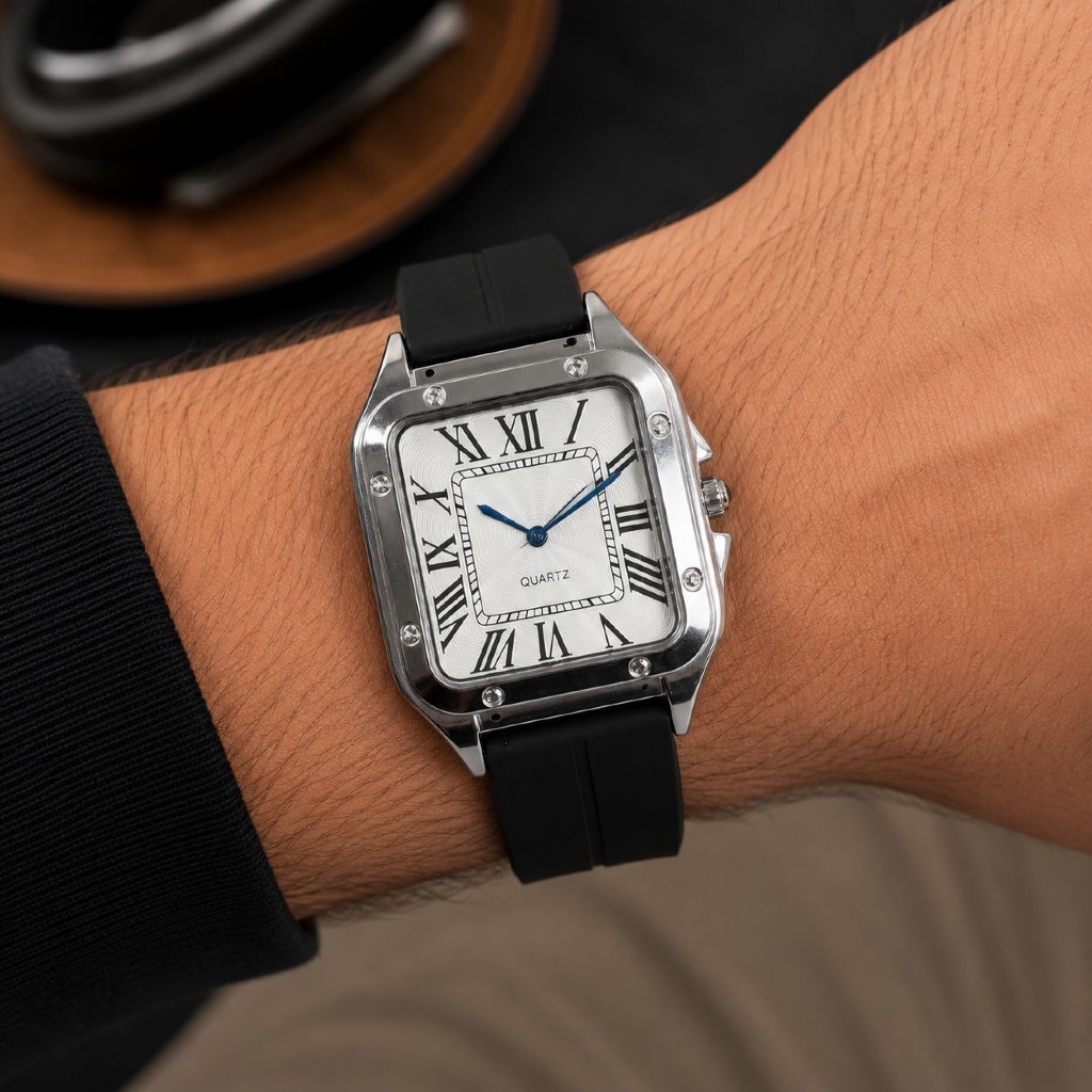 [RV01]Relógio Masculino Quadrado Aço Inoxidável Pulseira Borracha Fecho Magnético Elegante Social Casual
