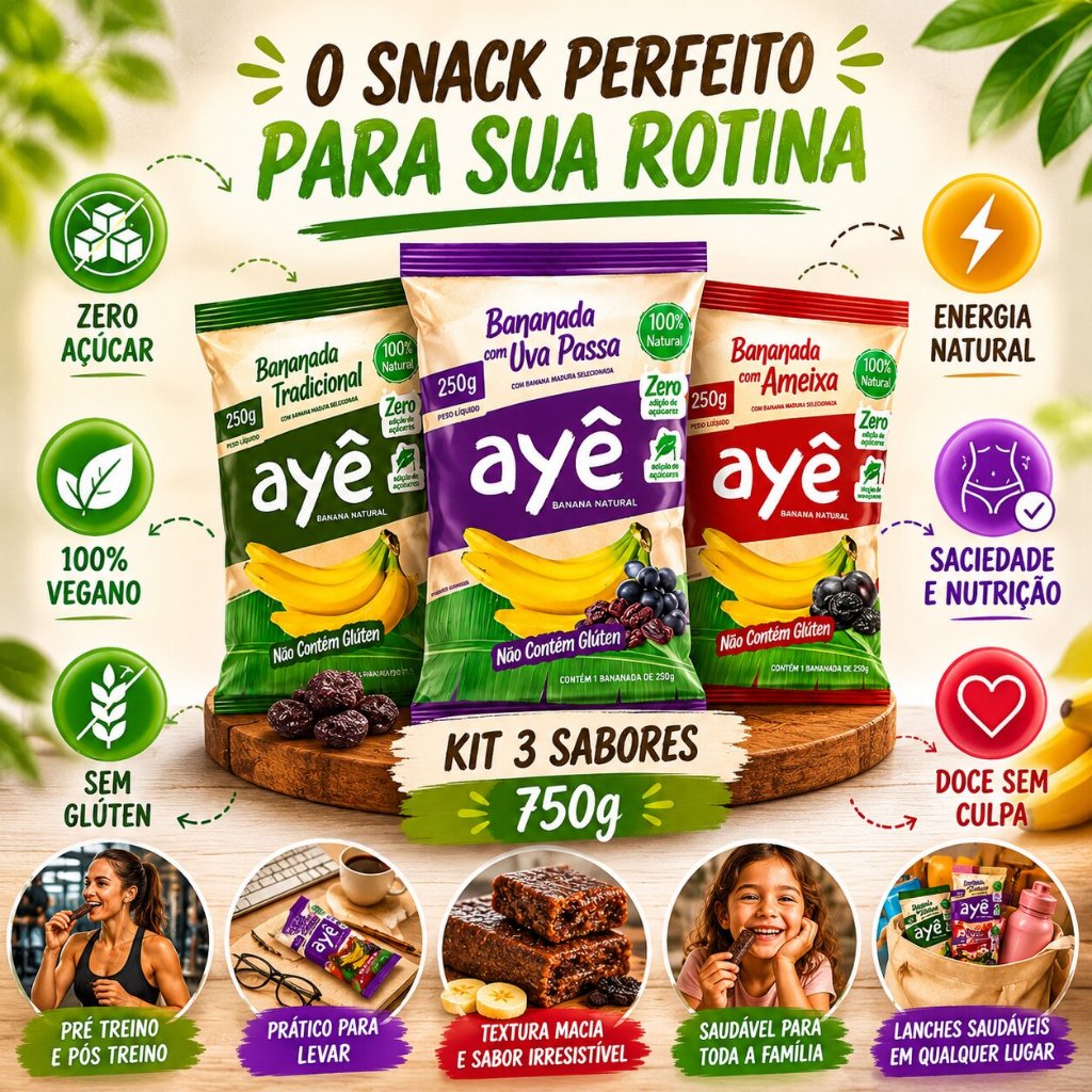 Bananada Ayê Kit 3 Sabores 750g Zero Açúcar Sem Glúten Tradicional Uva Passa Ameixa Natural