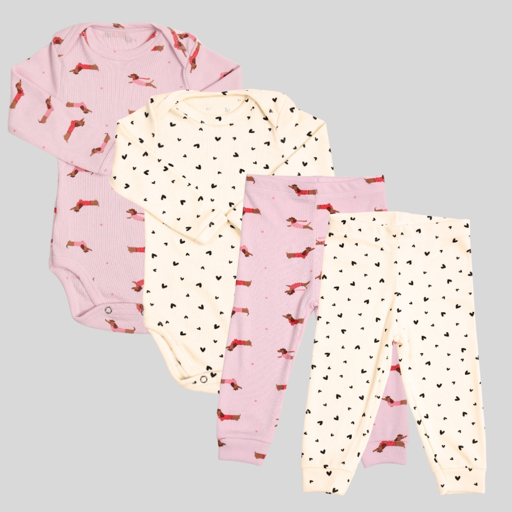 Kit 4 Peças Lilobu - Conjunto body manga monga + calça mijão infantil bebê 24003-K2-C1