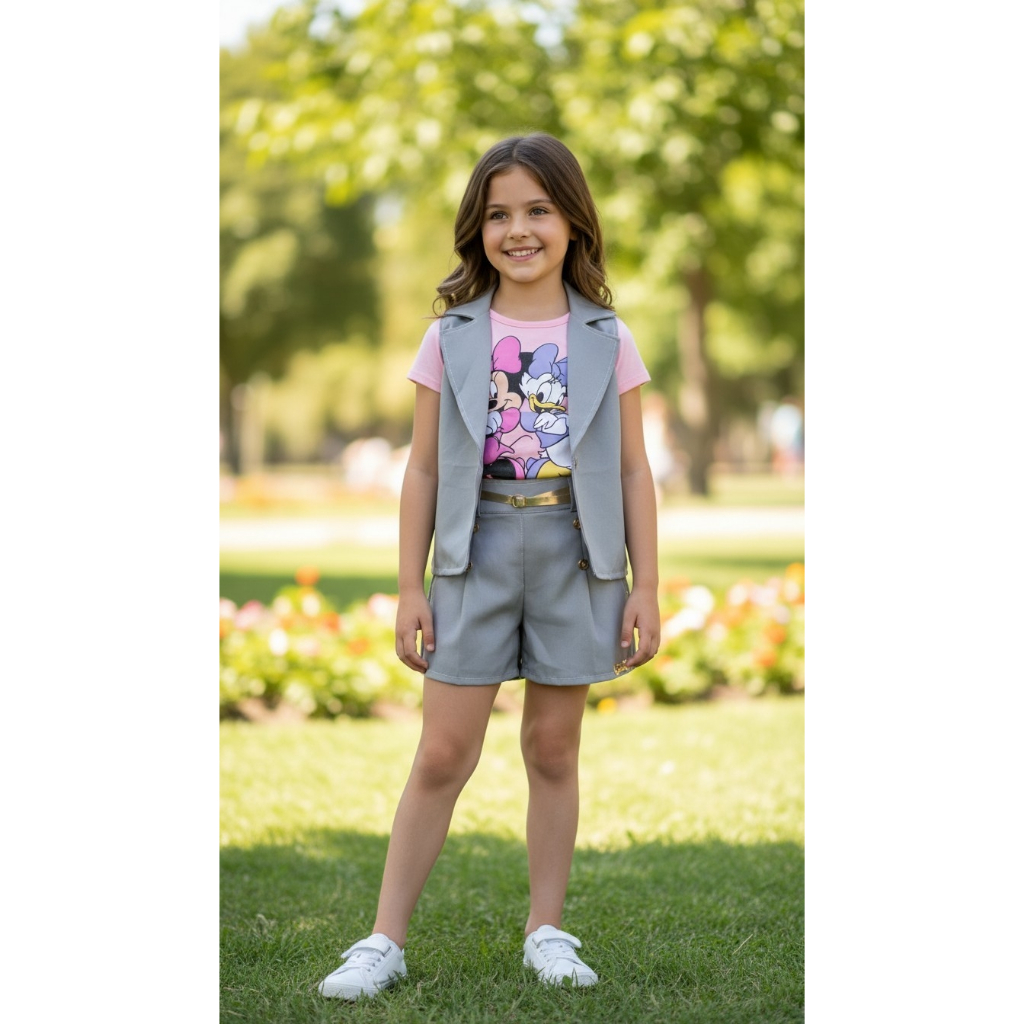 🎀✨ Conjunto Menina (Blusa + Colete + Short + Cinto) Conjunto Infantil Feminino 4 Peças Blusa Colete Short e Cinto Menina