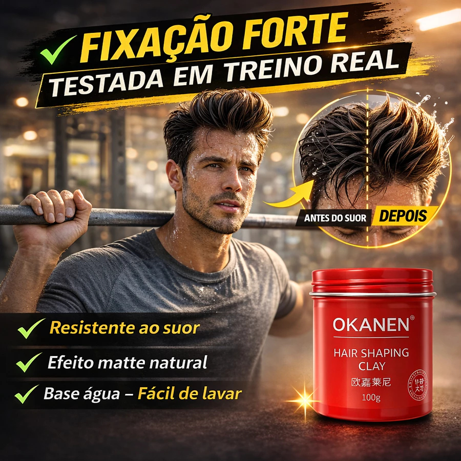 Pomada Modeladora OKANEN Fixação Forte 48H Base Água Anti-Suor Efeito Natural 100g