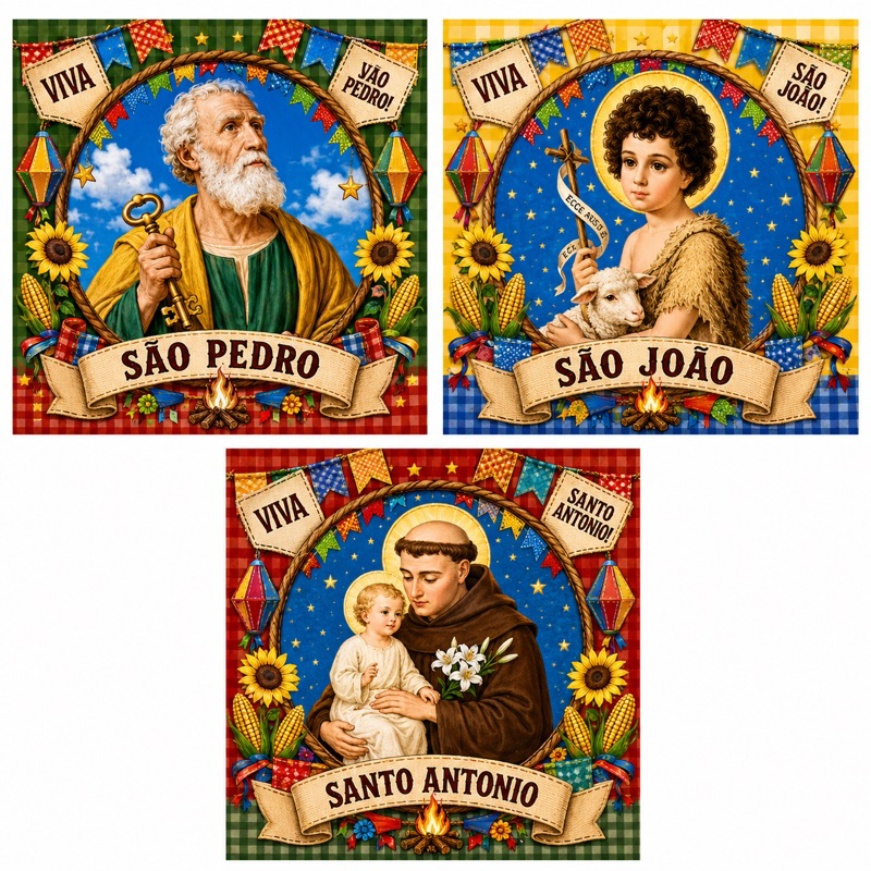 3 Quadrinhos São Pedro / São João Batista / Santo Antonio 10cm