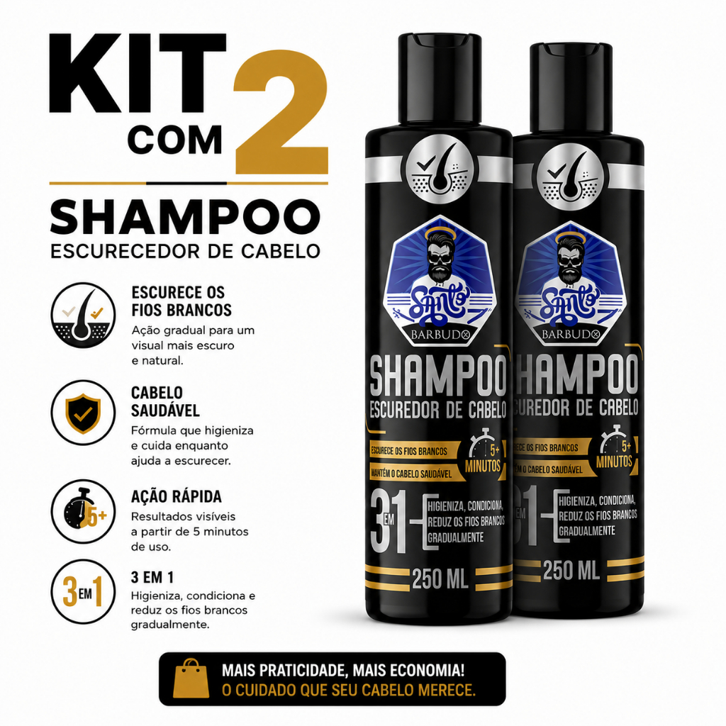 Kit 2 Shampoo Escurecedor Tintura de Cabelo Sem Química 3 em 1 Cor Instantânea 250ml Santo Barbudo