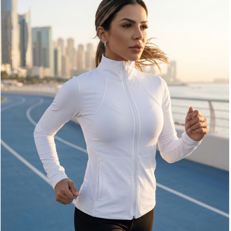 Blusa Manga Longa Comprida Jaqueta Inverno de Fitness Feminina Bolso Zíper Academia