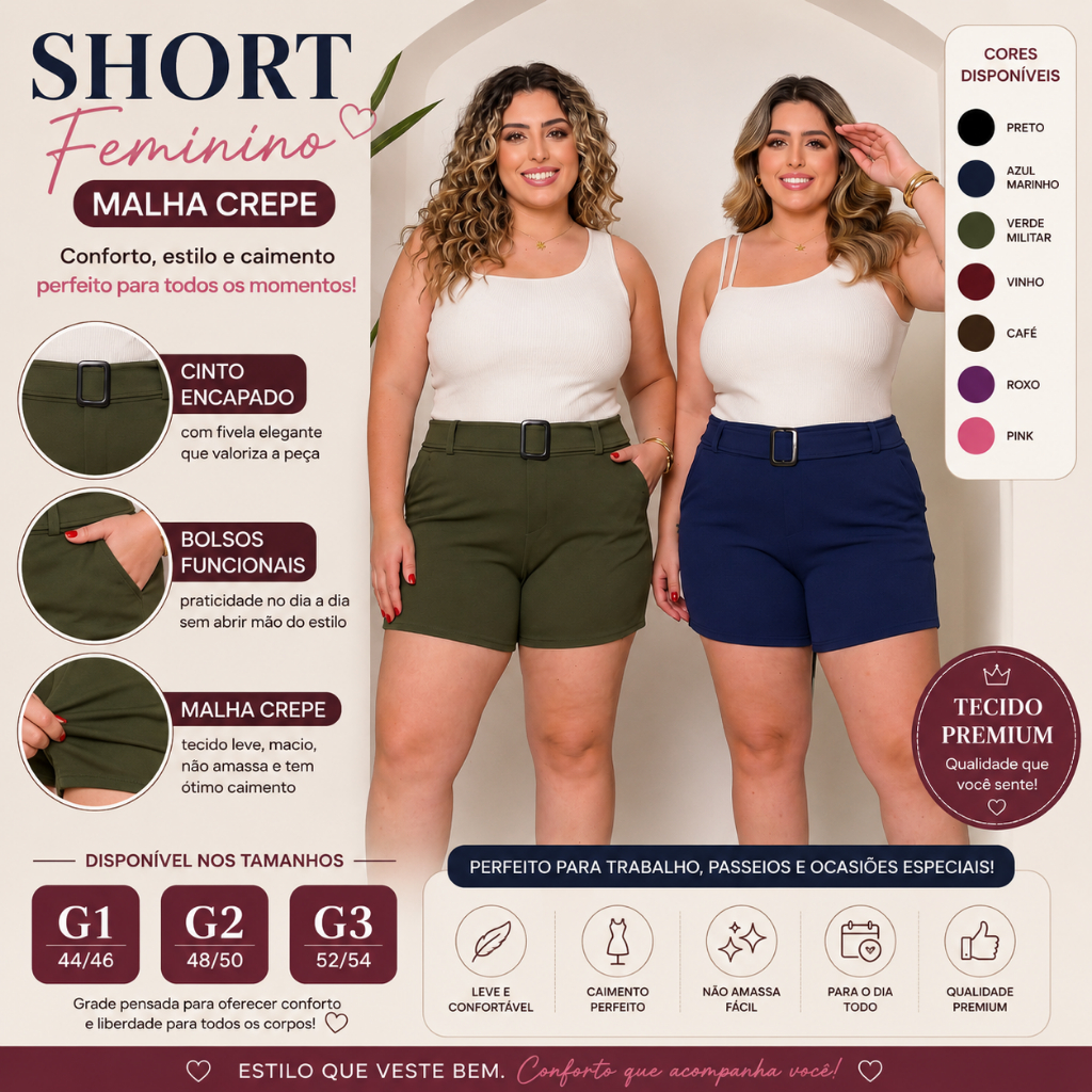 Short Feminino Tecido Malha Crepe Plus Size G1 G2 G3 na frente tem cinto