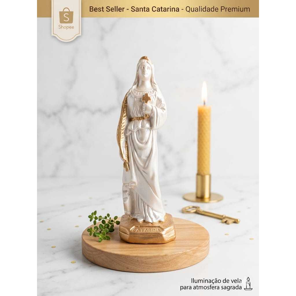 imagem santa catarina 21 cm gesso perola e dourado decoração religiosa presente de fé coragem dedicação arte sacra