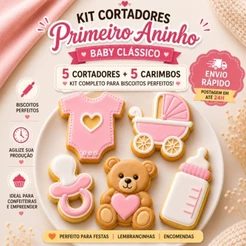 Kit Cortador de biscoito Primeiro Aninho Baby Clássico – 10 Peças (5 Cortadores + 5 Carimbos) Pasta Americana e Biscuit