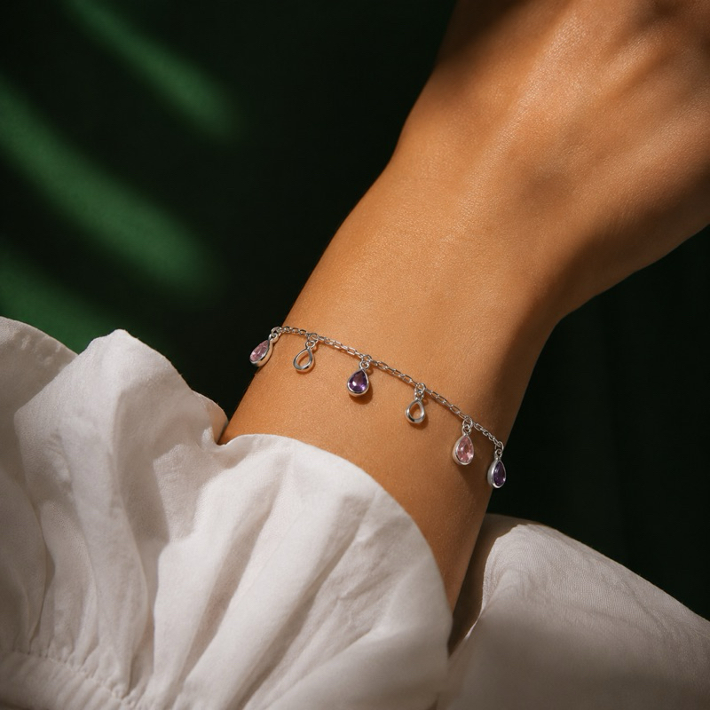 Pulseira Gotas Rosa Lilás e Vazadas em Prata 925 Delicada e Atemporal