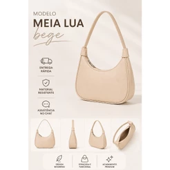 Bolsa Feminina Meia Lua Bege Clássica Elegante Bolsa de Ombro Casual, Fashion e Moderna