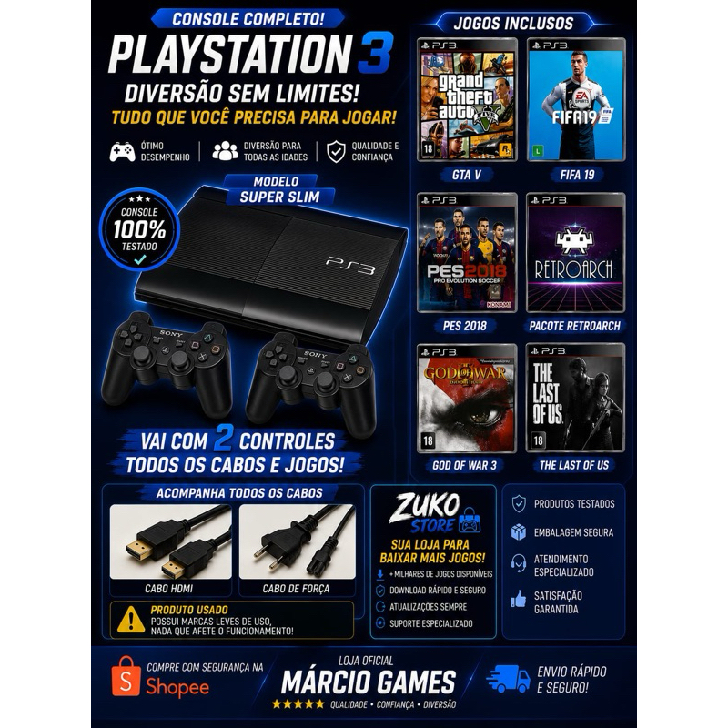 Ps3 Super Slim Desbloqueado 500 Gigas 2 Controles + Jogos e Cabos + de 3 mil Jogos ( Leitor Funcionado )