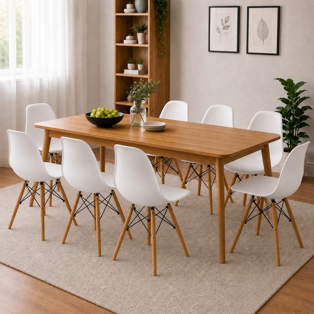 Kit 8 Cadeiras Eiffel Eames Pés De Madeira Sala Quarto Escritório Moderna Wood Design Premium Brancas