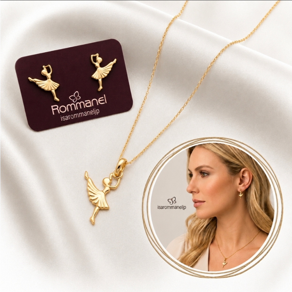 Conjunto Rommanel Colar Pingente e Brincos Bailarina Cordão fio cadeado 531639