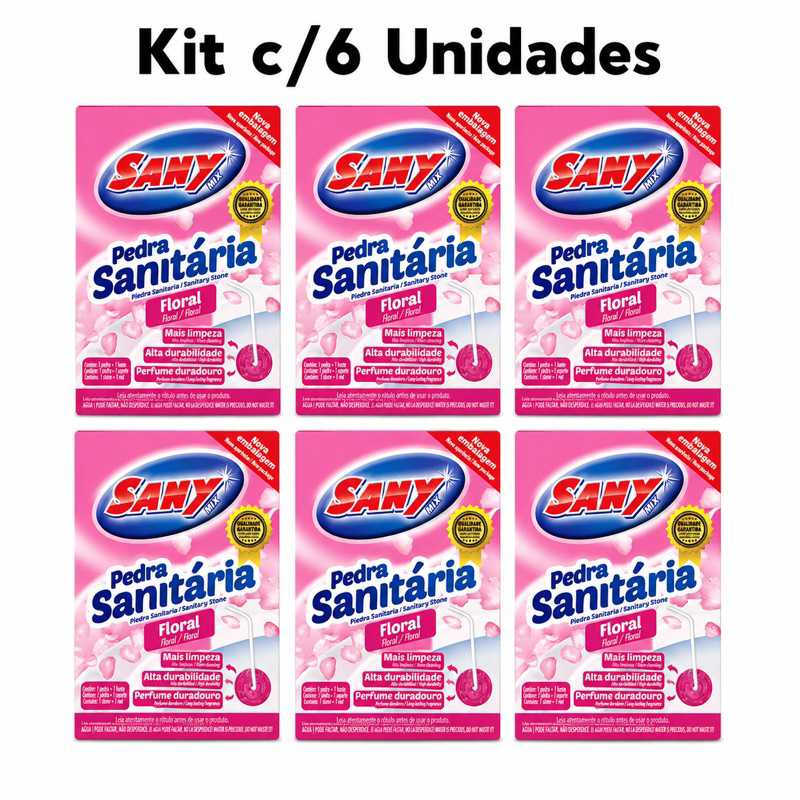 Kit C/6 Pedra Sanitária Sany Mix Floral para Vaso Sanitário com Suporte e Haste | Fragrância Floral Duradoura