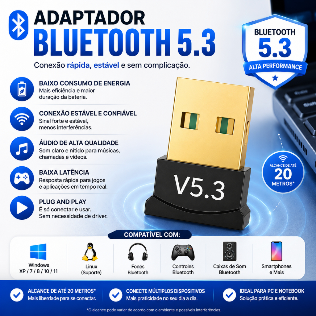 Adaptador Receptor Bluetooth 5.3 USB Para computador e Notebook