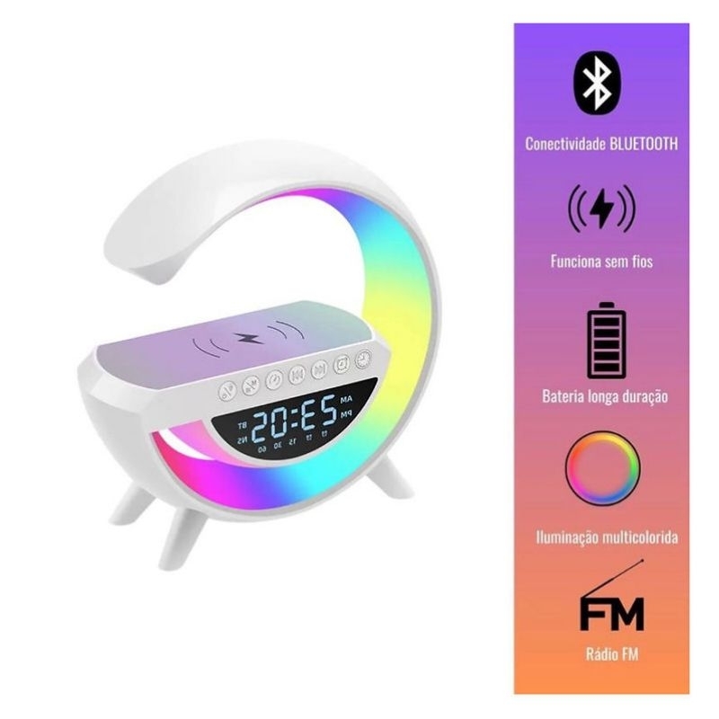 Caixa de Som Bluetooth G Speaker 3 em 1 com Relógio Digital, Luminária RGB e Carregamento Sem Fio Portátil Carregador