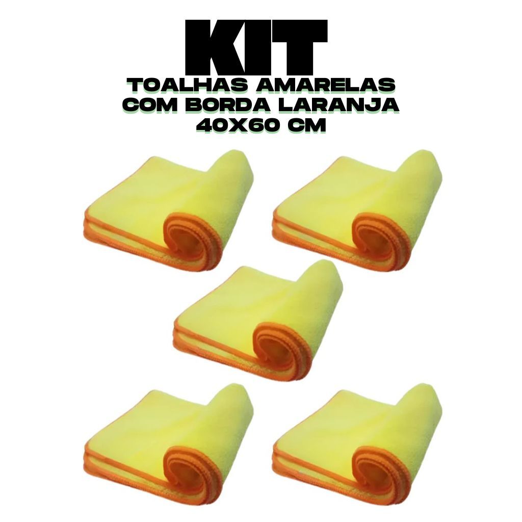 Kit Flanela Microfibra Premium 60x40 Autoamarela Com Borda Laranja Polimento Cera Limpeza Automotiva