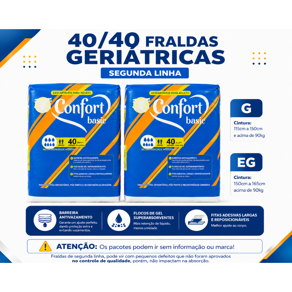 Fraldas Geriátricas 2 Linha c/ 40 Unid. - Direto de Fábrica