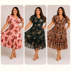 Vestido Feminino Midi em Tule Estampado Floral Manga Soltinha Decote Transpassado