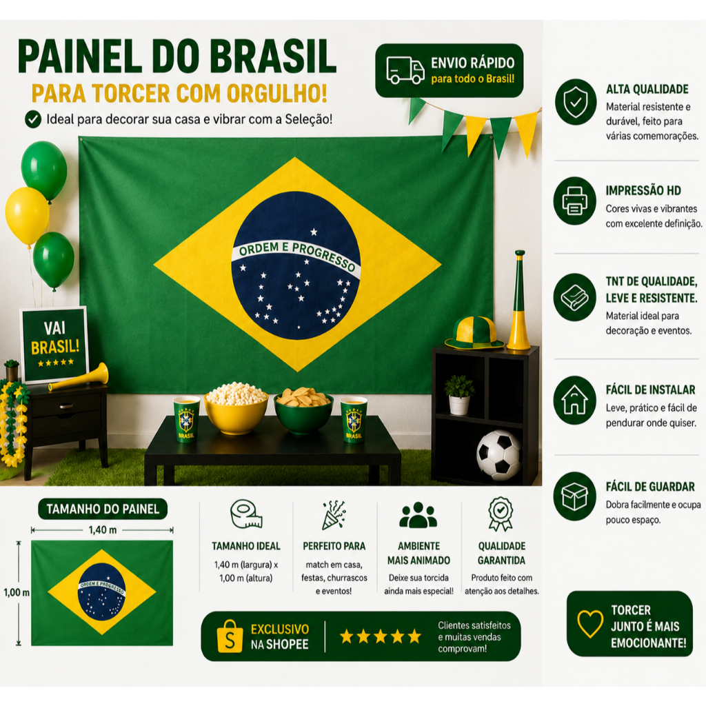 BANDEIRA DO BRASIL PAINEL JOGO DO BRASIL HUMO AO HEXA TNT GIGANTE 1,40M