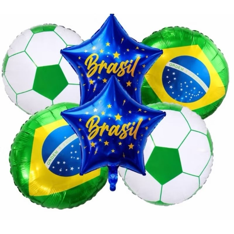 Kits C/6 Balão Copa Metalizado/Bandeira Brasil/Bola De Futebol 45Cm