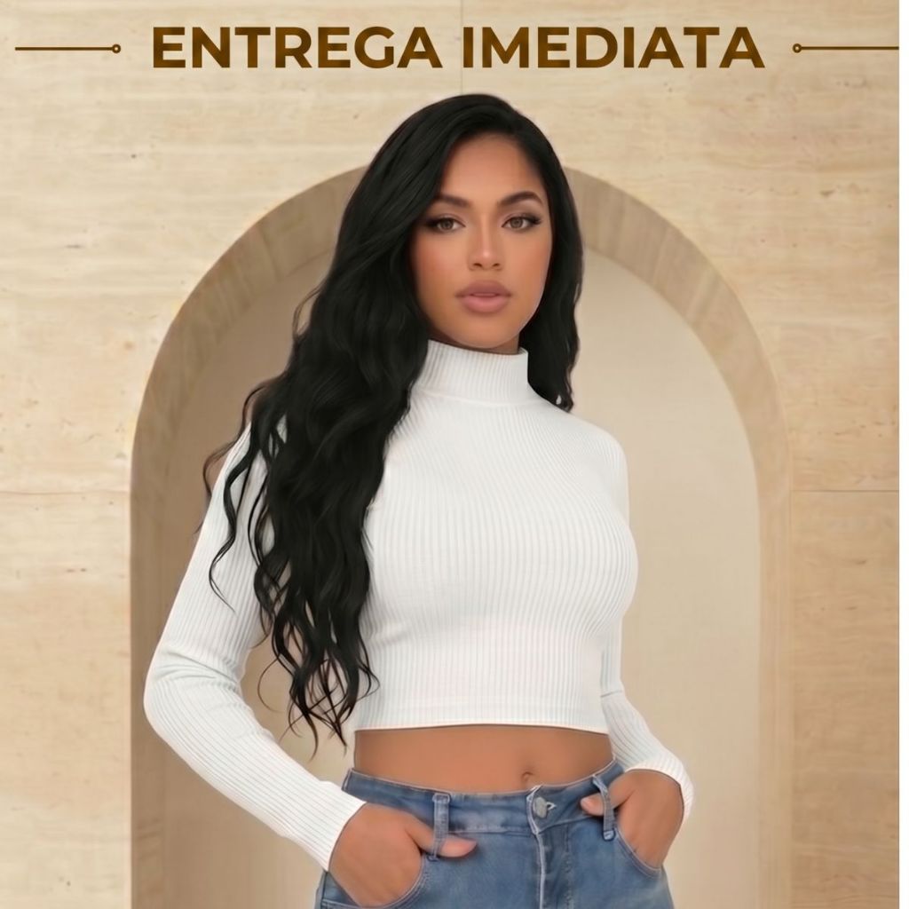 Cropped Feminino Blusa  Gola Alta Manga Longa Em Tecido Canelado Elegante