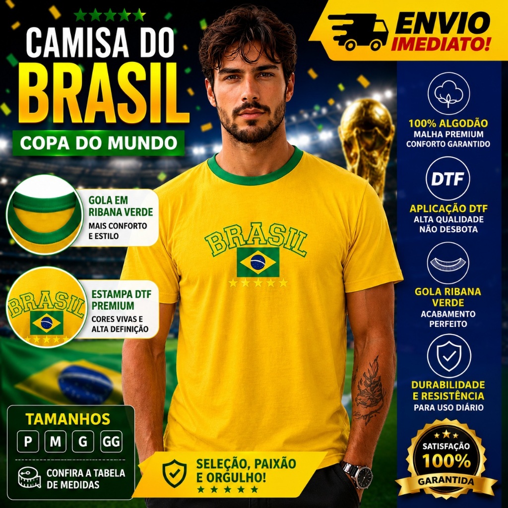 Camisa Brasil 100% Algodão Camiseta Seleção Brasileira  Premiun Conforto. Camiseta com DTF Premium.