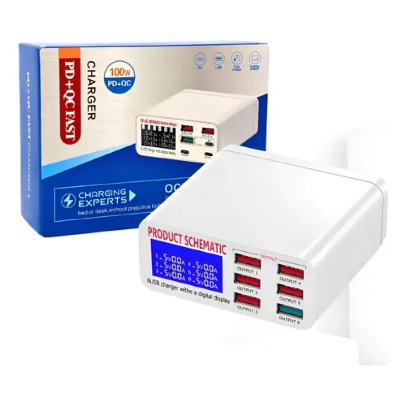 Carregador USB Turbo 100W PD + QC com Display Digital | 6 Portas USB Fast Charge para Celular, Tablet e Eletrônicos